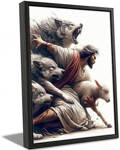 MALEDO Black Framed Jesus and Lamb Canvas Wall Art Jesus Saves the Lost Sheep Christian Picture Wall Decor Shepherd Protect a Lamb from Wolves Painting Poster Print Artwork for Living Room Church