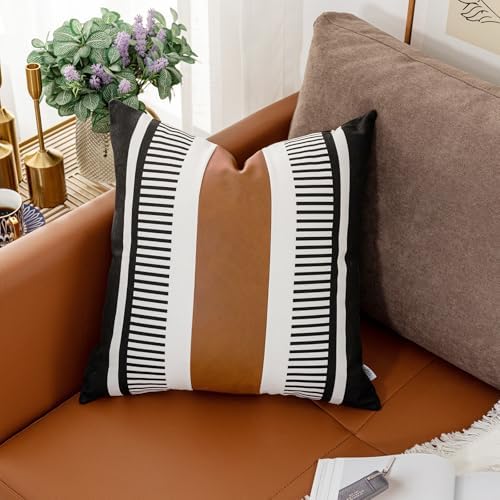 Black White Boho Pillow Cover with Leather Modern Couch Cushion Cover 22x22 inch Farmhouse Stripe Pillowcase for Couch Bed, Black