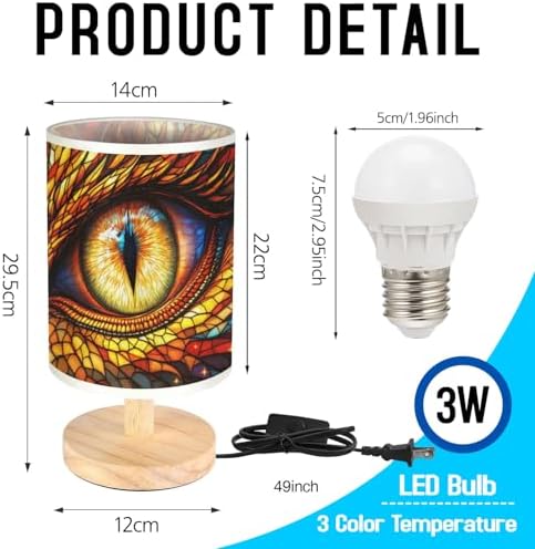 Dragon Eye Table Lamp LED 3-Color Pressed Bedside, Dragon Eye Shade Lamp with Wood Base for Bedroom Living Room Desk Office TL01