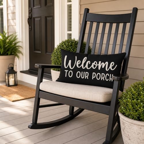 PANDICORN Outdoor Throw Pillow Cover 12x20 Inch Welcome to Our Porch, Black