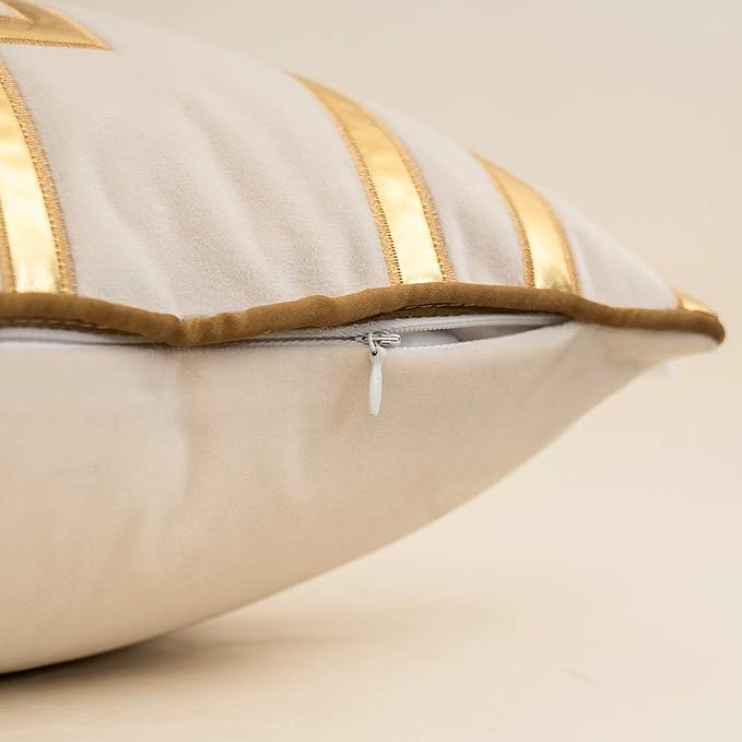 Alerfa Gold Leather Striped White Throw Pillow Cover 18x18 Inch, Geometric Luxury Decorative Embroidered Velvet Pillow Cover for Couch Living Room Bedroom