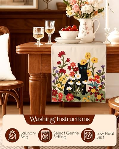 Canvas Embroidered Narrow 13"x 72" Table Runner, Cat in Flower