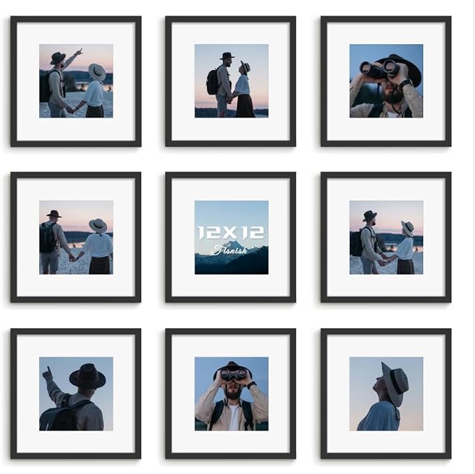 12x12 Picture Frame Sef of 10, for Wall Gallery Decor, Black | Display Pictures 8x8 with Mat or 12 x 12 Without Mat, Photo Frame Collage for Wall Mounted