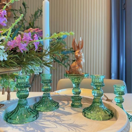 Green Glass Candlestick Holders, Taper Candle Holders, Set of 6