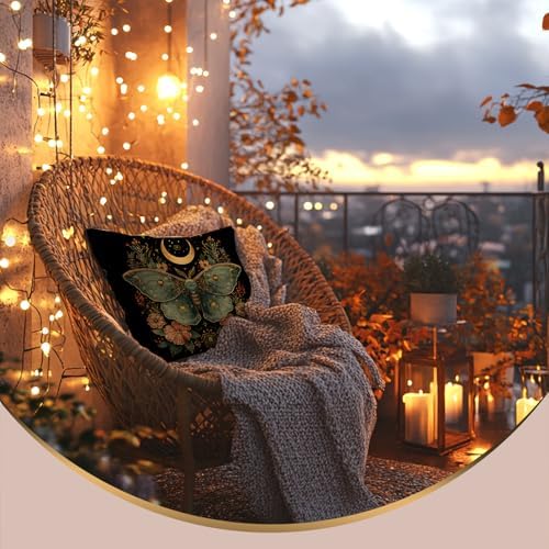 Mystical Luna Moth Pillow Cover 18x18 Double-Sided, Witchy Gothic Celestial Dark Floral Green Butterfly Decorative Throw Pillow Cover for Home Bedroom Living Room