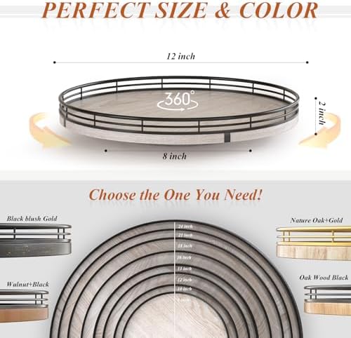 AMH 12-Inch Whitewashed Farmhouse Lazy Susan Tray with Black Metal Frame