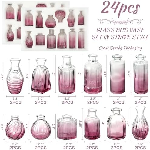 Bud Vases 24 in Bulk, Small Purple Vase Glass Vases for Flowers Vintage Ribbed Colored Wedding Flower Vase for Decor in Bulk Decor Bridal Shower Centerpieces Home Table Decoration