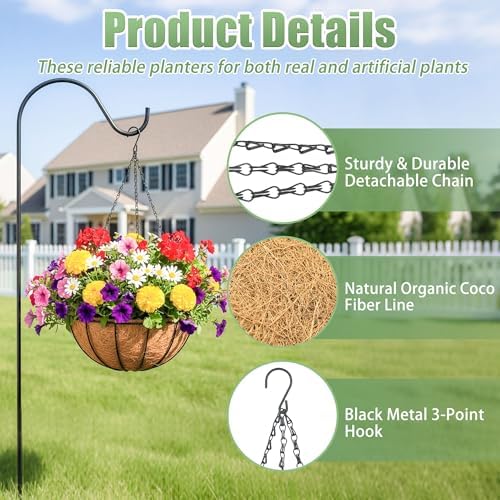 4 Pack 12 Inch Hanging Baskets for Plants Outdoor Metal Hanging Planters Round Hanging Flower Pots with Coco Coir Liner Plant Holder for Outdoor Patio Garden Balcony Decor - Watermelon