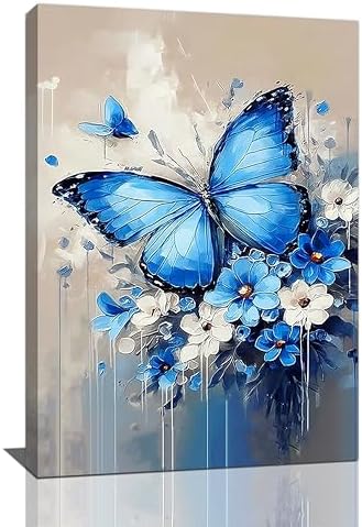 Crekviy Blue Butterfly Flower Wall Art Vintage Butterfly Pictures Wall Decor Canvas Prints Painting Artwork Decoration Girls Gifts for Bathroom Bedroom Living Room Framed 20"x24"