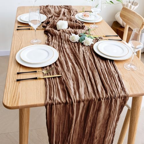 Wokceer Cheesecloth Table Runner Brown 10FT Boho Gauze Runner for Party