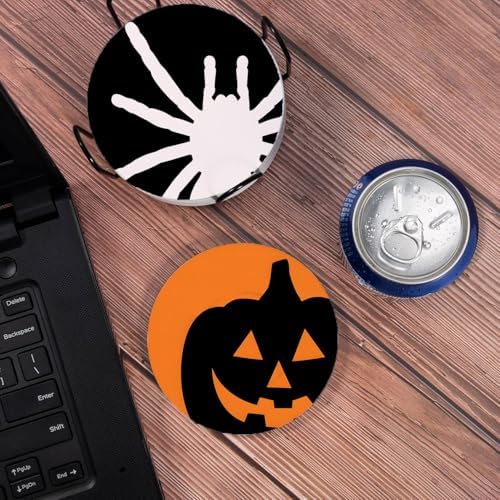 Drink Coasters for Drinks Set of 6, Green Black Orange Halloween Absorbent Round Ceramic Stone Mat Coaster, with Cork Base and Metal Holder, Home Bar Decor House Warming Gift