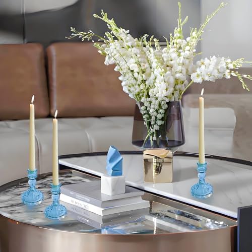 Bule Glass Candlestick Holders, Taper Candle Holders, Set of 6