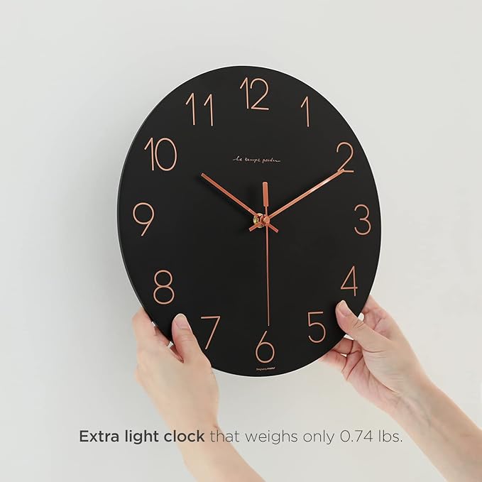 mooas Flatwood Wall Clock (Black),12" Non-Ticking Sweep Movement | Decorative Modern Battery Operated Decorative Wall Clock for Home Living Room Kitchen Bedroom Office School Cafe Hotel