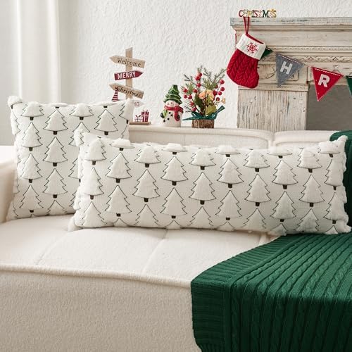 Kevin Textile Christmas Tree 14x36 Inch Long Lumbar 1 Pack Luxury Embroidery Soft Plush Faux Fur Rectangle Cushion Case for Couch Sofa Holiday Festivals Winter Xmas Gift, Cream White & Green