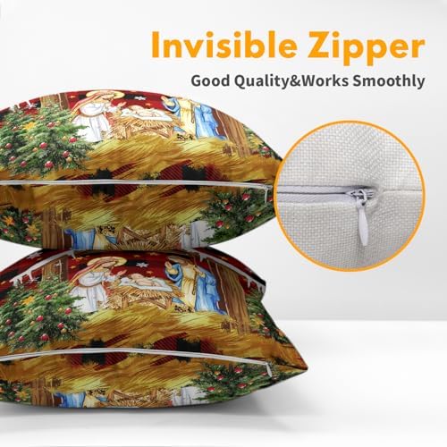 Jesus Nativity Throw Pillow Cover 22x22 Inch Set of 2 Xmas Red Buffalo Plaid Pillow Case Christma O Holy Night Winter Holiday Cushion Case for Home Living Room Couch Sofa Decor