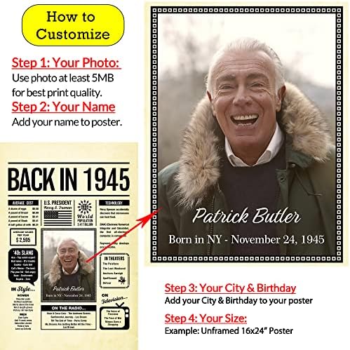 Personalized 80 Year Old Birthday Gifts For Men Women - Back in 1945 Poster with Photo - Party Table Centerpiece 80th Birthday Decorations for Men Women - Custom Born in 1945 Newspaper Vintage Poster