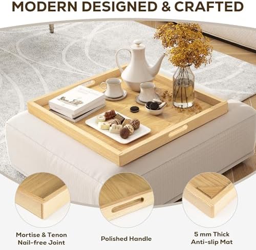 Axeman 22 Inch Large Square Wooden Ottoman Tray for Living Room|Extra Large Serving Tray with Handles for Coffee Table, Breakfast|Decorative Wood Tray for Ottoman Couch Sofa Kitchen|Natural