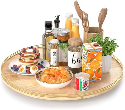 AMH 24-Inch Extra Large Lazy Susan with Solid Oak Base and Black Iron Rail