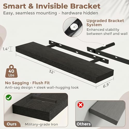 FLYJOE 32 Inch Floating Shelves for Wall Set of 2, 6.5" D Wood Grain Bathroom Shelves with Invisible Brackets, Easy Install Engineered Wood Storage Shelves for Kitchen, Living Room, Bedroom