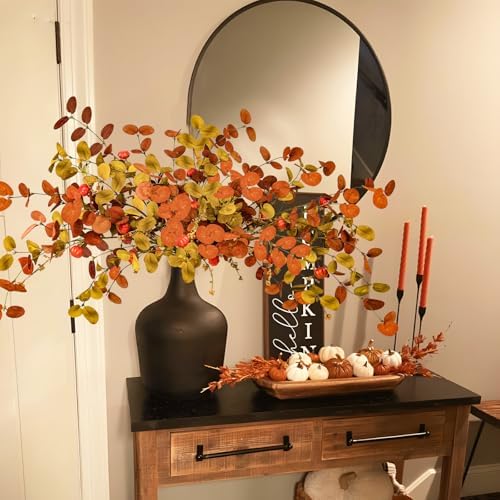 Uieke 8PCS Artificial Fall Eucalyptus Stems, 28inch Fall Eucalyptus Leaves Branches with Orange Pumpkins Long Stems Fall Decorations for Home Autumn Florals Arrangement Thanksgiving Decor