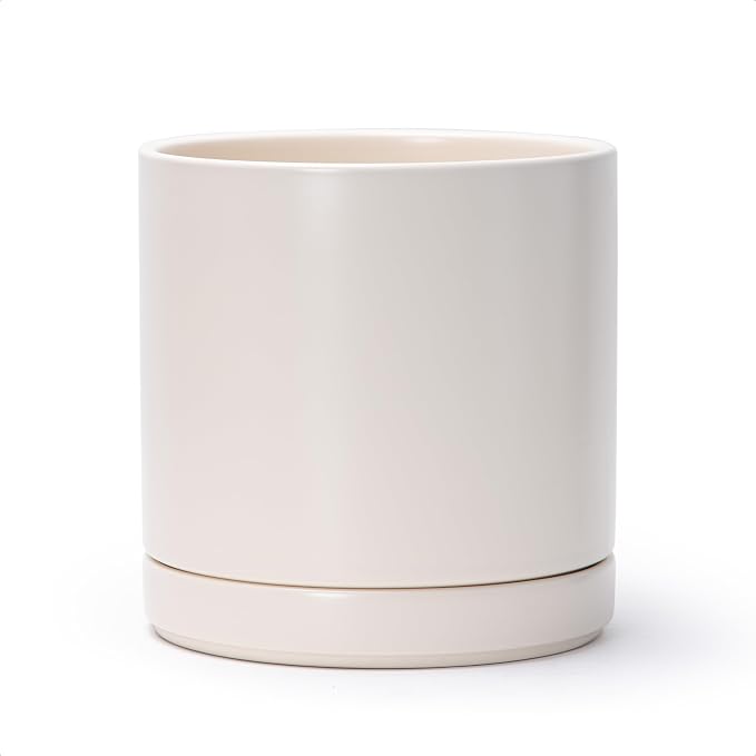 D'vine Dev 8.2 Inch Ceramic Planter Pot, Oatmeal, 94-O-D-8 | Modern Cylinder Design, Drainage Hole & Saucer Included, Stable Structure, Elegant Home Accent