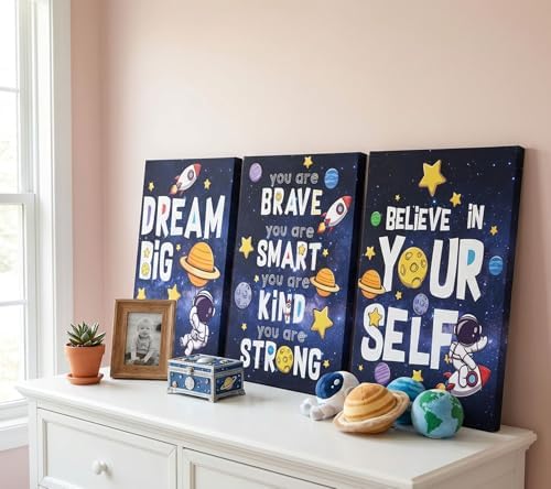 3Pcs Inspirational Space Astronaut Kids Canvas Wall Art, Inspirational Quotes Painting Picture Wall Decor, Boys Positive Affirmative Poster Print Artwork for Playroom, Classroom, 16x24in