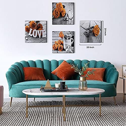 Black and White Bedroom Wall Decor Orange Rose Canvas Prints Art Aesthetic Flower Painting Picture 4 Pcs Sets Accessories Gray Wood Grain Mordern Valentines Office Bathroom Artwork Girls Gift 8 x 8"