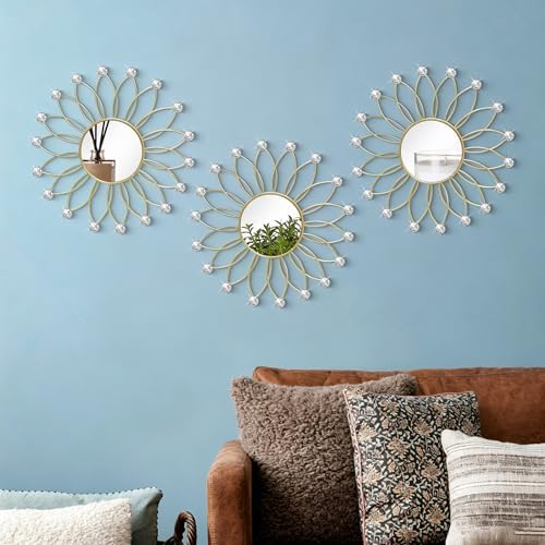 3 Pack Metal Mirrors for Wall Sunburst Wall Mirrors Home Décor Decorative Hanging Wall Art for Living Room Bedroom Entryway (Gold2 Crystal, Flowers)
