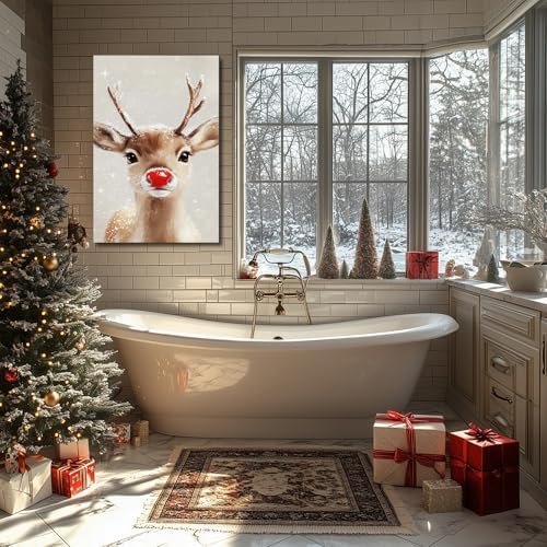 FLZYKGPA Funny Red Nose Deer Pictures Wall Decor Prints 8x12in, Cute Christmas Wall Art Decorations for Home Kitchen Bedroom Bathroom Living Room Office, Winter Cabin Canvas Decor