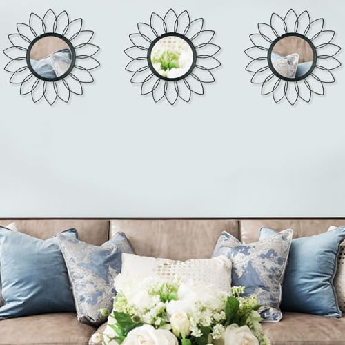 3 Pack Metal Mirrors for Wall Sunburst Wall Mirrors Home Décor Decorative Hanging Wall Art for Living Room Bedroom Entryway (Black, Flowers)