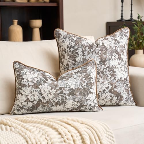 Alerfa Brown Neutral Floral Pillow Cover 20 x 20 Inch, Vintage Chenille Square Couch Pillow Cover Soft Decorative Farmhouse Accent Pillowcase for Living Room Bedroom