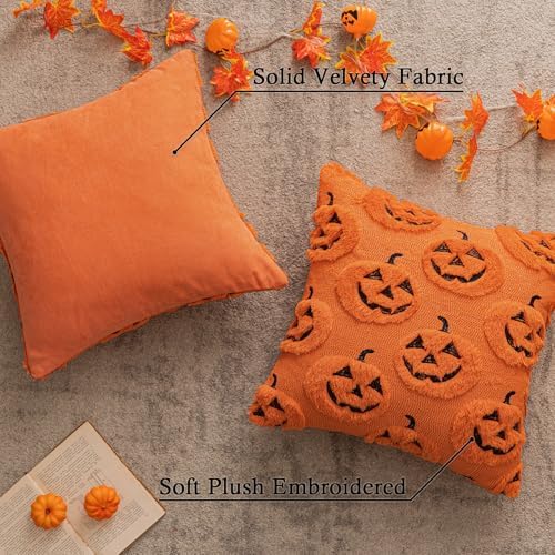 Orange Halloween Pumpkin Fall Throw Pillow Covers 20"x20" Set of 2 Soft Faux Fur Ghost Pillow Covers for Couch Sofa Bed, Cute Autumn Farmhouse Cushion Case for Holiday Home Living Room Decor