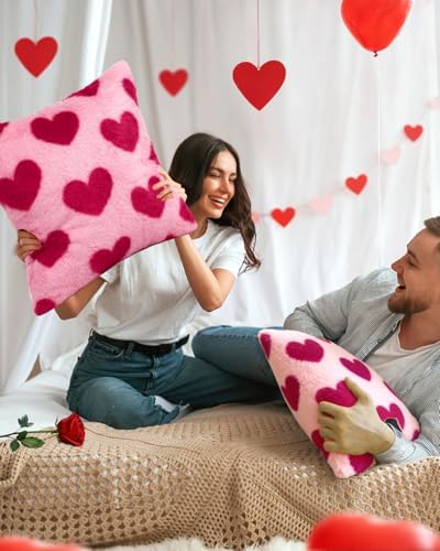 Valentines Pillow Covers 18x18 Inch Set of 2 - Plush Faux Fur Rose Hearts Valentines Day Jacquard Throw Pillow Covers Decorations Soft Home Decor for Couch, Sofa, or Bed