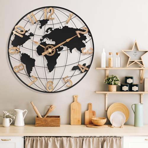Pytha Sight 24 Inch Large World Map Vintage Gold Arabic Numerals Wall Clock