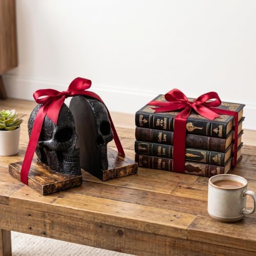 Skull Bookends, Heavy-Duty Gothic Skeleton Book Holder Set