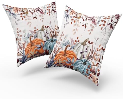 Giwawa Fall Pillow Covers Set of 2 16x16 Inch Orange Blue White Pumpkins Autumn Leaves Thanksgiving Cushion Covers Farmhouse Decorative Square Double Sided Throw Pillowcases for Indoor Outdoor Holiday
