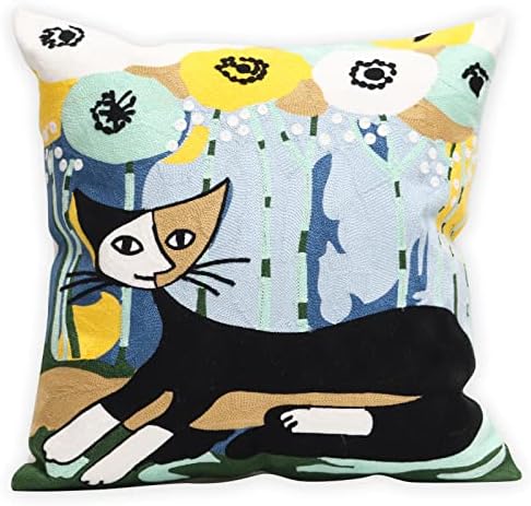 1 Pcs Embroidered Decorative Throw Pillows Covers for Sofa Decor Cushion Cases 18 x 18 Inch (Sunny Cat)