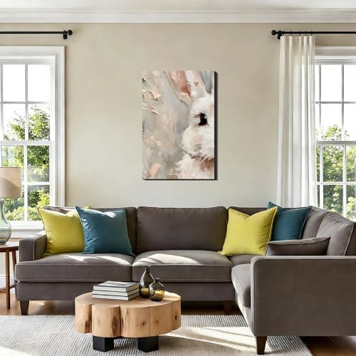 RIBNTAK Modern Easter Bunny Canvas Wall Art 16x24, Framed White Rabbit Canvas Prints Picture for Living Room Wall Decor, Simple Spring Artwork Painting for Fireplace,Bathroom, Bar, Office