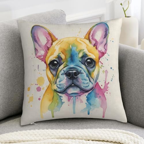 Watercolor Colorful French Bulldog Pillow Cover