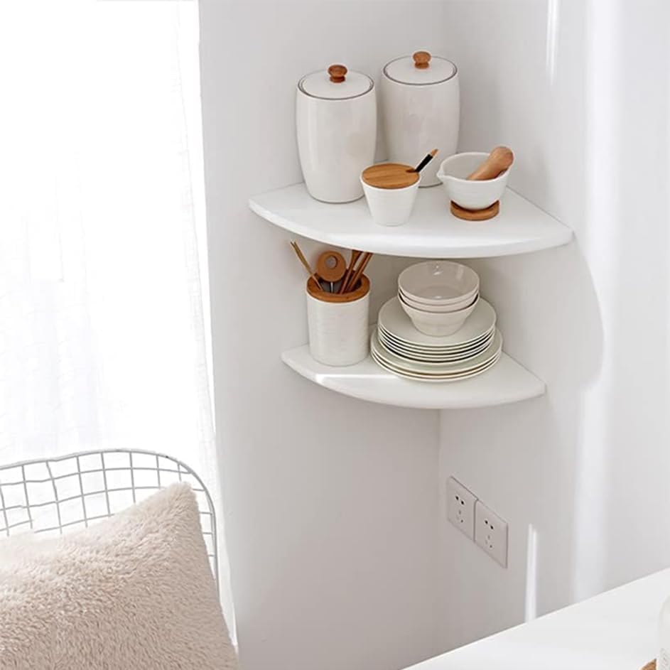 Corner Shelf, White Floating Corner Shelf, Set of 2 7inch Solid Oak Wood Corner Wall Shelves, Round End Wall Mount Display Shelf with Wire Hole for Small Plant for Bedroom Kitchen, Living Room
