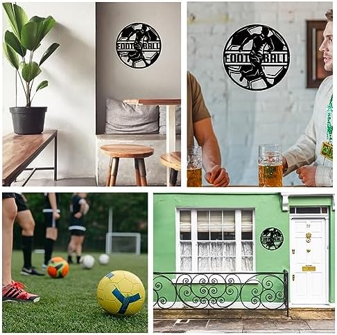 NBEADS Soccer Theme Metal Wall Art Decor, Flat Round Matte Black Wall Hanging Decor Silhouette Wall Art for Home Bedroom Living Room Garden Hotel Office Wall Decoration, 10.7 Inch