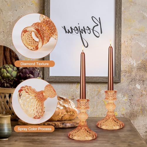 Glass Candle Holder, 2PCS Decorative Candle Sticks Pillar Candle Stand for Formal Events Wedding Party Table Centerpieces Home Decoration, Orange