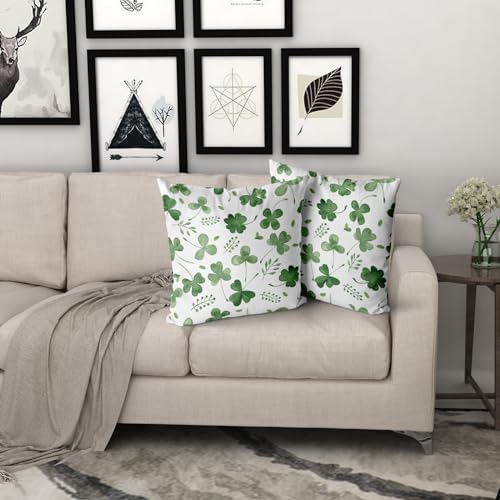 Giwawa St Patricks Day Pillow Covers Set of 2, 18"x18" Watercolor Clovers Sage Green Leaves Square Pillowcases, Spring Shamrock Eucalyptus Throw Cushion Cover for Sofa Couch Bedding Car Decor