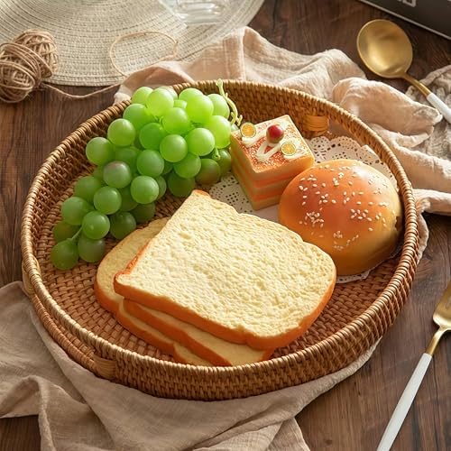 14" Round Rattan Tray, Hand Woven Serving Tray with Handles, Wicker Serving Basket, Decorative Tray for Home Decor, Natural