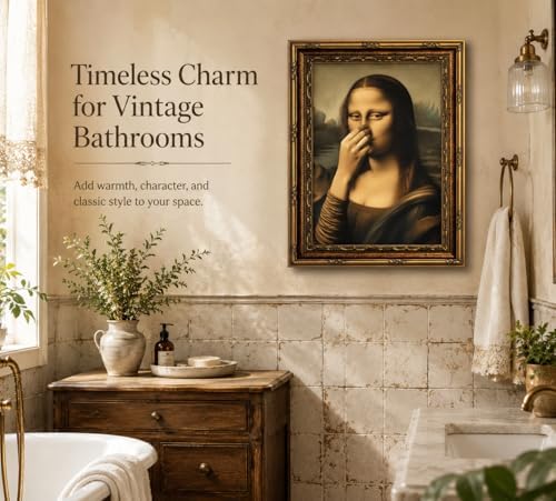 CXKAWM Vintage Gold Framed Funny Mona Lisa Bathroom Canvas Wall Art 9x11in | Mona Lisa holding nose Bathroom Wall Decor Picture Humor Amusing Toilet Poster Print for Bathroom Home decoration