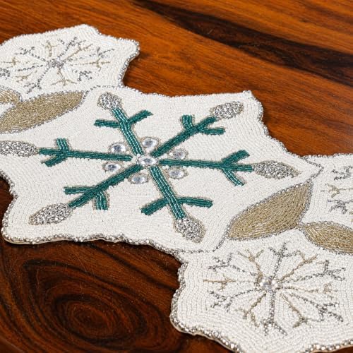 ALPHA Living HOME 36-Inch Beaded Table Runner, Glitz Decorative Runner for Dining Table, Wedding, Bridal Shower, Christmas & Farmhouse Décor, Chiffon White Sapphire