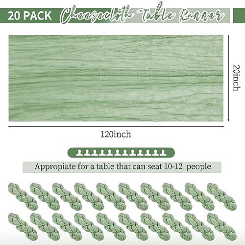 20 Pack Sage Green Table Runner 10Ft Cheesecloth Table Runner Boho Gauze Table Runner Long Cheese Cloth Table Runner Romantic Sheer Fabric Table Runners for Wedding Party Bridal Shower