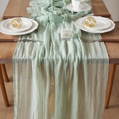 1Pcs Cheesecloth Table Runner Sage Green 10FT Boho Gauze Cheese Cloth Table Runners 120 Inches Long Rustic Sheer for Centerpiece Home Party Christmas Wedding Baby Shower Spring Easter Decor