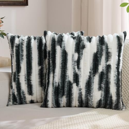 FUTEI Pack of 2 Faux Fur Throw Pillow Covers 18x18 Inch, Black White