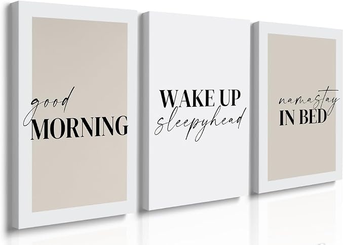 GUBIYU Bedroom Prints Set of 3, Above Bed Decor, Good Morning Namastay in Bed Canvas Wall Art, Beige and White Minimalist Nursery Prints 12"x16"